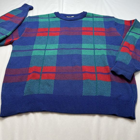 Vintage Winona Knits Mens L Plaid Sweater Grandpa Pullover Blue Green Red Check - Picture 4 of 7